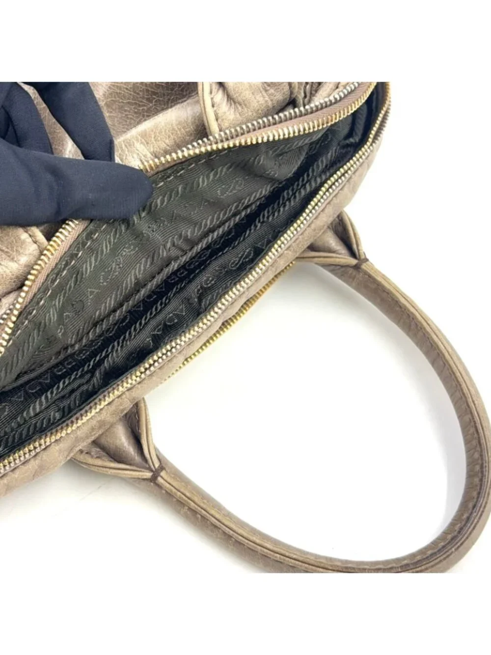 Prada Vitello Shine Bowlet Calf Gray Handbag Gold